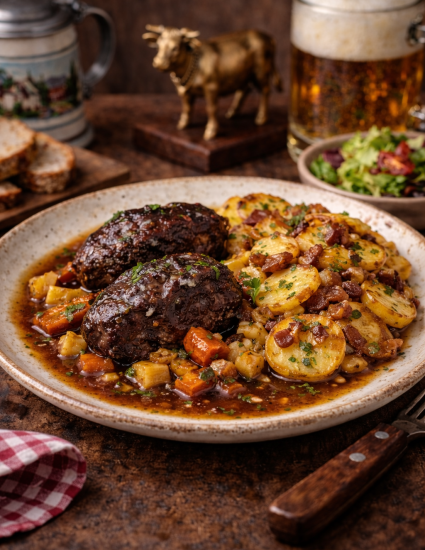 Geschmorte Schweinebäckchen in Wurzelgemüse geschmort, Trollingerjus, Wirtshaus Bratkartoffeln, Speck