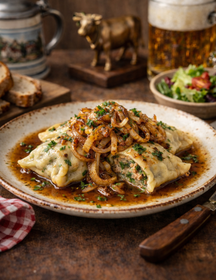 Hausgemachte Maultaschen mit Zwiebelschmelze