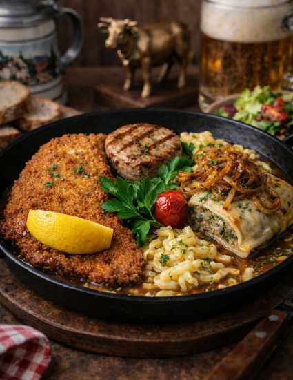 Wirtshauspfanne, Paniertes Schnitzel, Gegrilltes Schweinemedaillon, Käsespätzle, hausgemachte Maultasche, Bratensoße, geschmälzte Zwiebeln